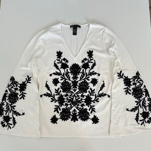 INC International Concepts White Top with Black Floral Design